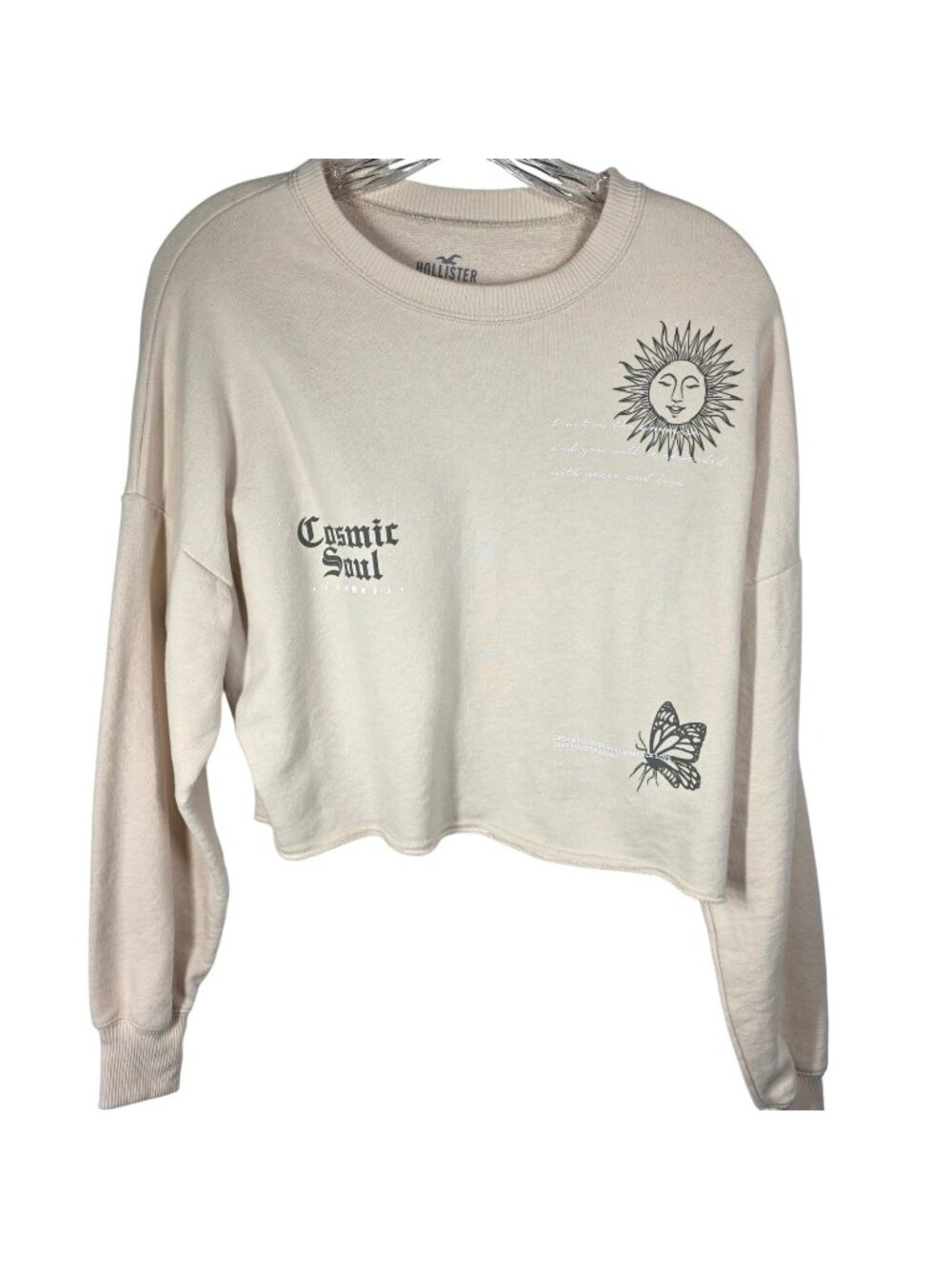Hollister Sweatshirt Women XS Beige Cosmic Sun Butterfly Celestial Oversize Crop